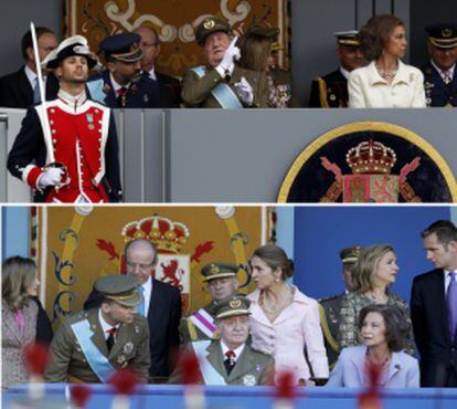 El palco de autoridades el día de la Fiesta Nacional. Arriba, hoy; abajo, el año pasado, con los duques de Palma y la infanta Elena.