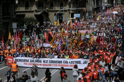 Cabecera de la manifestación del 1 de Mayo en Barcelona, en 2017.