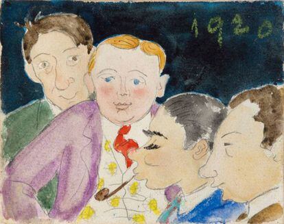 Caricatura dels quatre amics Enric Cristògfol Ricart, Joan Miró, Maria Espinal i Lluís Mercadé en un dibuix atribuït a Marian Espinal.