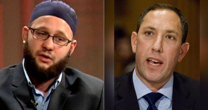El exreclutador de yihadistas Jesse Morton (izquierda), durante su época radicalizado, y exdirector de Inteligencia de Nueva York Mitchell Silber.