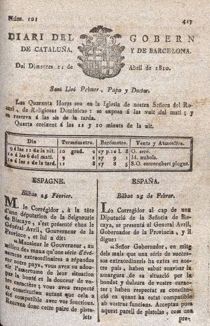 La imposició del model administratiu napoleònic, amb picades d’ullet com l’edició en català i francès del 'Diario de Barcelona' (portada d’abril de 1810), va refer l’encarcarat i ineficaç sistema de gestió pública de l’absolutisme.