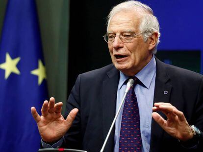 El ministro de Asuntos Exteriores, Josep Borrell, durante una rueda de prensa en Madrid.