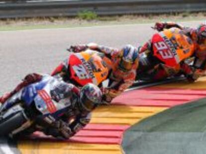 Los pilotos Jorge Lorenzo, Dani Pedrosa y Marc Márquez en el Gran Premio de Aragón