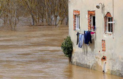 Un hombre observa el paso del río Pisuerga desde su casa en Puente Duero (Valladolid).