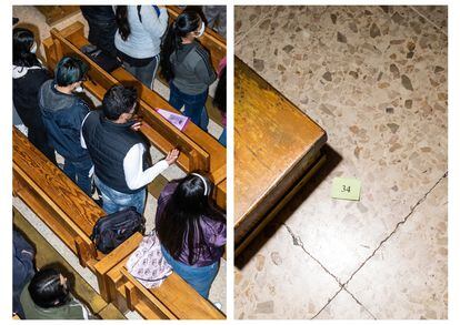  Los inmigrantes esperan con sus números a que se realice el sorteo mientras rezan un Padre Nuestro.   