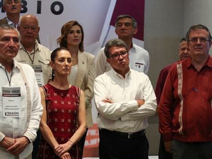 Adan Augusto López, Claudia Sheinbaum, Ricardo Monreal Avila y Marcelo Ebrard esta mañana durante la conferencia de prensa.