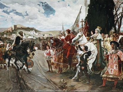 'La rendición de Granada' (1882). Boabdil, el último rey musulmán, rinde Granada a los Reyes Católicos, en un cuadro de Francisco Pradilla y Ortiz que se guarda en el Senado.