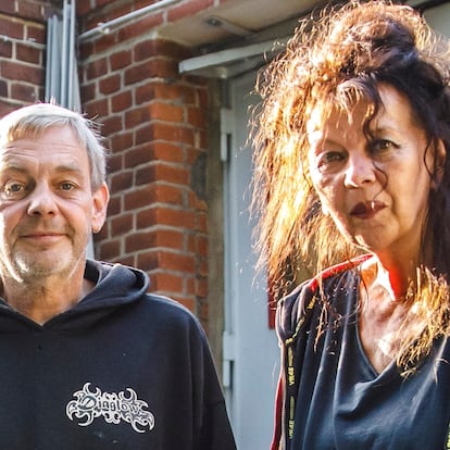 DVD. 1073. Carlo Korte and Regina Schönfeld near their motorcycle workshop and home at Trettachzeile street in Berlin, Germany, September 22, 2021. Photo by Omer Messinger