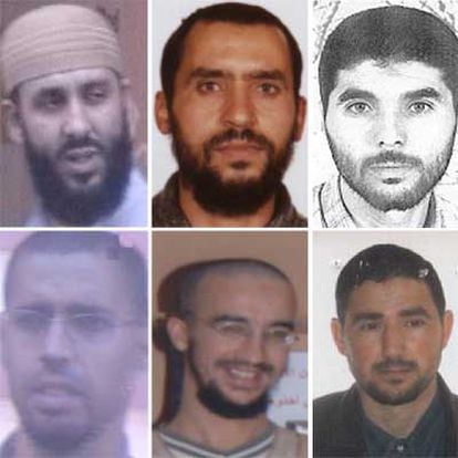 Seis de los nueve encarcelados anteayer. De izquierda a derecha, y de arriba abajo: Mohamed Mrabet Fahsi, Hassan Mordoude, Abdelhak Boudina, Mustafa Fawzi Ait  Oudris,  Mohamed Samadi y Mustafa Es Satty.