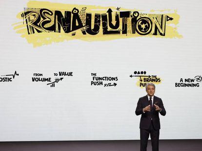 El consejero delegado de Renault, Luca de Meo, presenta el nuevo plan estratégico de la compañía Renaulution, este jueves, en Francia.