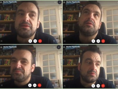 El director Nacho Vigalondo conectando a través de Skype durante la cuarentena.