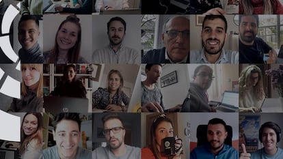 Los empleados de LaLiga, con el presidente de la organización, Javier Tebas (en el centro de la imagen), trabajando telemáticamente.