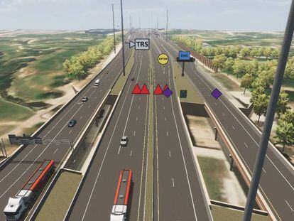 Imagen virtual de la autopista I66, en Washington, con tráfico simulado.