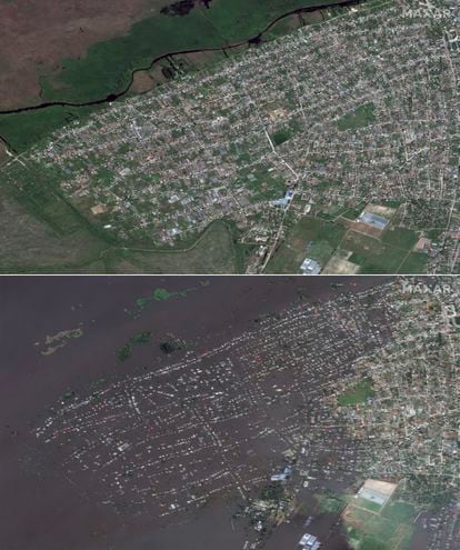 En la foto de arriba, la localidad ucrania de Oleshki, el 15 de mayo. Abajo, la misma zona inundada este miércoles.