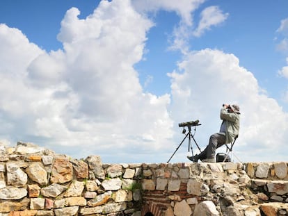 Un hombre contempla con ayuda de unos prismáticos el vuelo de las aves en el parque nacional de Monfragüe (Cáceres).