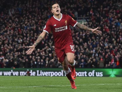 Coutinho celebra un gol con el Liverpool.