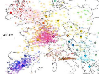 Lugar de origen de los 1.387 europeos estudiados, según su genoma.
