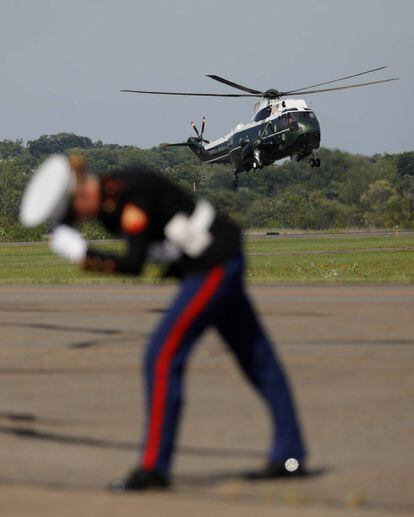 El helicóptero Marine One, con Trump a bordo, toma tierra en el aeropuerto de Morristown (Nueva Jersey) el 26 de julio.