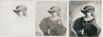 Tres momentos del proceso de grabado de 'Autorretrato con sombrero de ala ancha y abrigo bordado', de 1631, uno de los 315 modelos creados por Rembrandt.