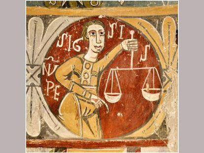 El signum pesis, del signo del zodiaco de libra, representado por esta mujer que sostiene una balanza, tal y como lo representó en el siglo XII el artista en las pinturas murales de la iglesia de Ourjout de Les Bordes-sur-Lez, al sur de Francia.