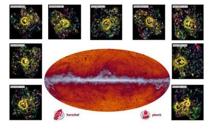 Mapa de la bóveda celeste captada por el telescopio `Planck´ con los protocúmulos galácticos marcados con puntos negros, en el centro, y algunos de dichos protocúmulos vistos por el telescopio `Herschel´, alrededor.