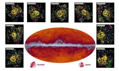 Mapa de la b&oacute;veda celeste captada por el telescopio `Planck&acute; con los protoc&uacute;mulos gal&aacute;cticos marcados con puntos negros, en el centro, y algunos de dichos protoc&uacute;mulos vistos por el telescopio `Herschel&acute;, alrededor.