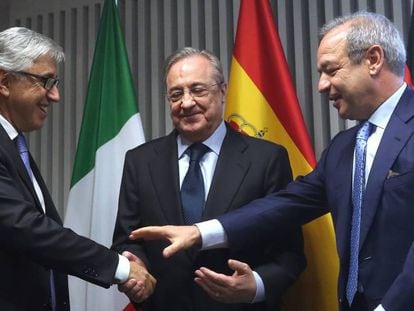 Florentino Pérez junto a Giovanni Castellucci y Marcelino Fernández.