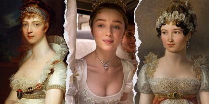 La protagonista de la serie de Netflix, la actriz Phoebe Dynevor, y dos retratos de la época en la que se ambienta la ficción: la emperatriz rusa Elizabeth Alexeievna y Carolina Bonaparte, reina consorte de Nápoles.