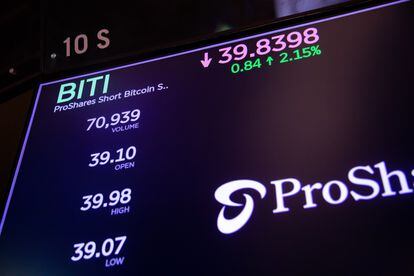 ProShares Short Bitcoin Strategy ETF (BITI) price detail on the floor of the New York Stock Exchange on June 27, 2022.