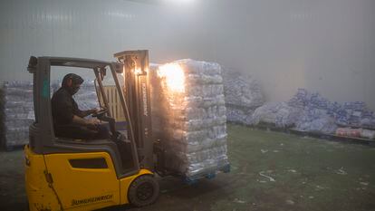 Un trabajador trasladaba la semana pasada un palé de bolsas de hielo en la fábrica de hielo Hocosol de Málaga.