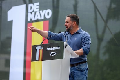 El líder de Vox, Santiago Abascal, en el acto del sindidato ultra Solidaridad con motivo del 1º de Mayo.