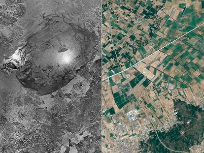Imágenes de satélite del antes y después del humedal de Antela.