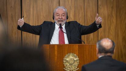 Lula da Silva, presidente de Brasil, durante una rueda de prensa junto a Olaf Scholz, el canciller alemán.