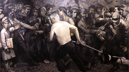 Uno de los dos lienzos de Ramón Castañer sobre la revolución del 'Petrólio' de Alcoi, en una imagen cedida por Lluís Vidal.