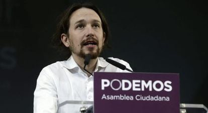 El líder de Podemos, Pablo Iglesias, interviene durante el acto de clausura de la Asamblea Ciudadana.