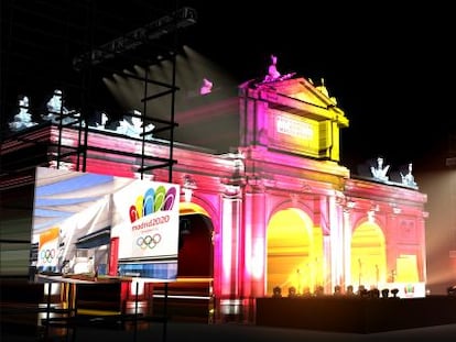 El próximo sábado día 7 de septiembre, cuando el mundo conozca la ciudad que albergará los Juegos Olímpicos de 2020, la Puerta de Alcalá se engalanará para recibir la decisión final del COI arropada por todos los madrileños y visitantes que quieran acudir. La imagen muestra una recreación del escenario y las pantallas gigantes que ofrecerán en directo las votaciones.