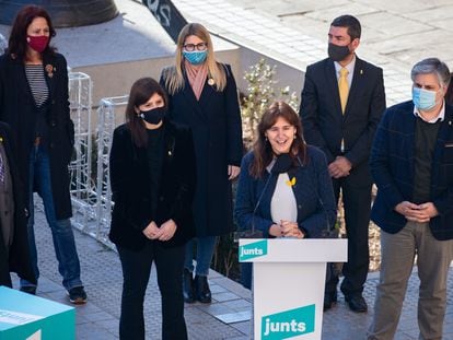 Laura Borràs (centro), durante el acto de presentación de los cabezas de lista del partido para las elecciones catalanas del 14F, el pasado martes,