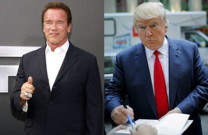 Arnold Schwarzenegger saludando y Donald Trump firmando libros. 
