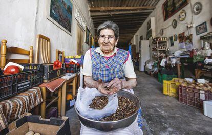Miguela, de 84 años, cultiva junto a su hermano veinte hanegadas de patatas, cebollas, lechugas, tomates, pimientos o habichuelas mas otra docena de hanegadas de naranjos. Los productos los vende en la misma puerta de su vivienda de la plaza de Camporrobles.
