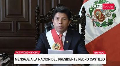 Pedro Castillo, presidente destituido por el Congreso de Perú, durante su alocución a la nación este miércoles 7 de diciembre.