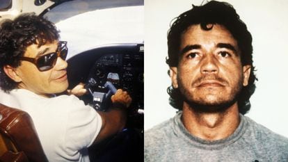 Izquierda, Carlos Lehder volando una aeronave. Derecha, Lehder en Estados Unidos, tras su extradición.
