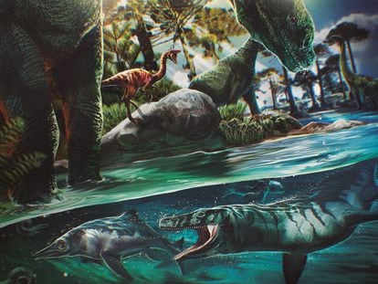 Imagen de Colombia durante el Cretácico Temprano. Aparecen el Muiscasaurus, Terópodo, Padillasaurus y Kronosaurus.