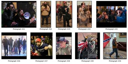 Una ficha difundida por FBI con fotografías de las personas implicadas en el asalto al Capitolio de EE UU.