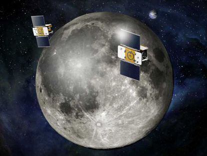 Ilustraci&oacute;n de las sondas gemelas de la misi&oacute;n Grail en &oacute;rbita de la Luna.