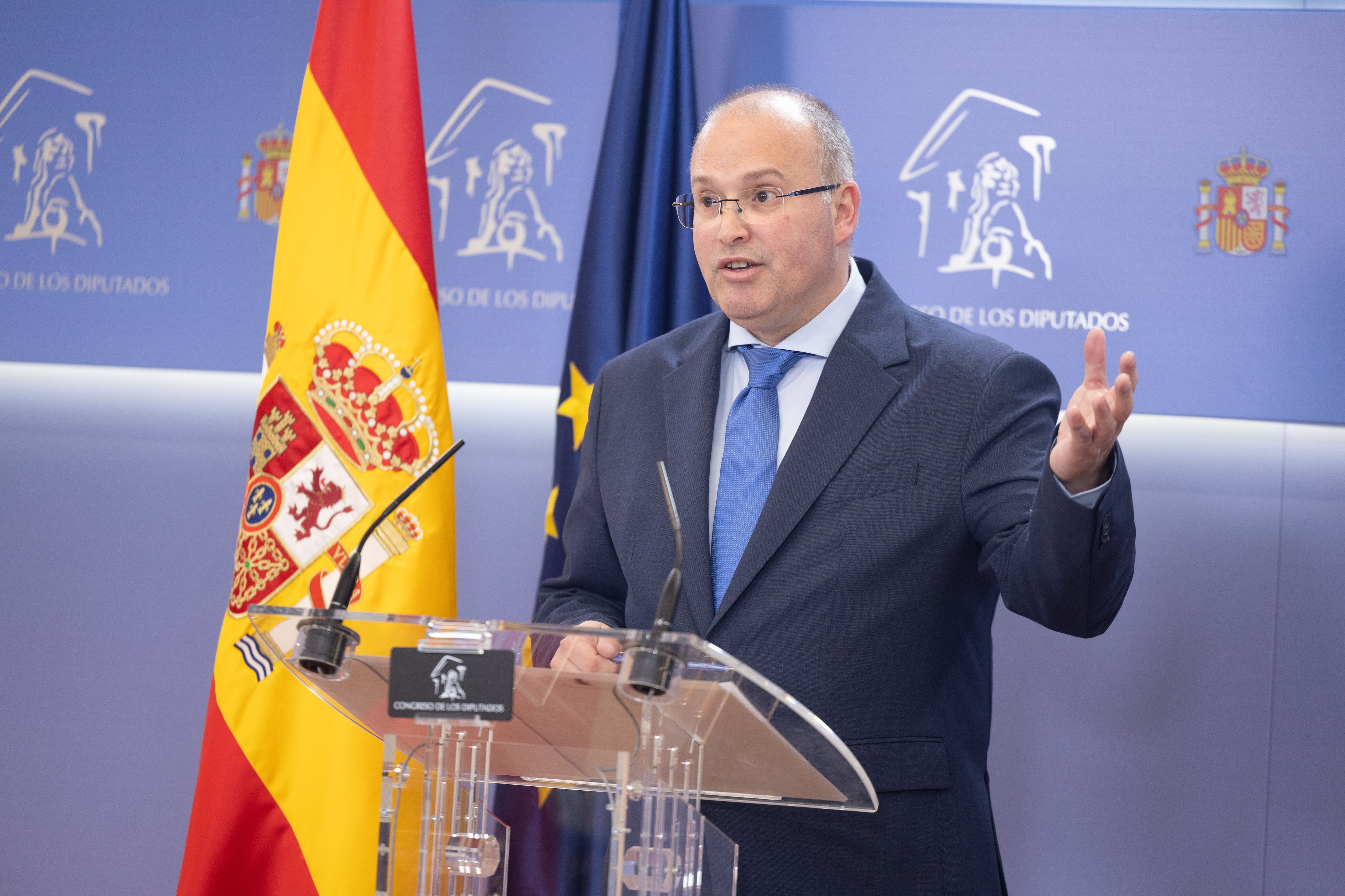 El portavoz del PP en el Congreso, Miguel Tellado, durante una rueda de prensa posterior a la reunión de la Junta de Portavoces, en el Congreso de los Diputados, a 12 de marzo de 2024, en Madrid (España).
12 MARZO 2024;RUEDA DE PRENSA;PORTAVOCES;CONGRESOS;DIPUTADOS;MADRID
Eduardo Parra / Europa Press
12/03/2024