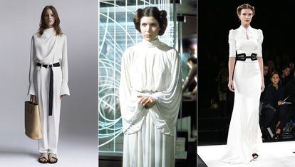 'Star Wars' es una de las sagas cinematográficas con mayor influencia en el mundo de la moda y el personaje de Leia, interpretado por Carrie Fisher, es todo un estandarte. Dos ejemplos: a la izquierda, la colección Resort de Céline 2014. A la derecha, la de otoño de Carolina Herrera en 2013.