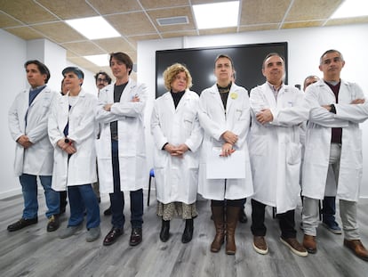 Médicos de atención primaria durante una rueda de prensa, en la sede del sindicato Amyts, este martes en Madrid.