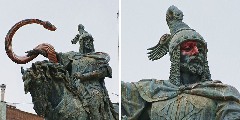 En Valencia, el ojo de la estatua de Jaime I el Conquistador aparece marcado por el ficticio ataque del virus del herpes zóster.