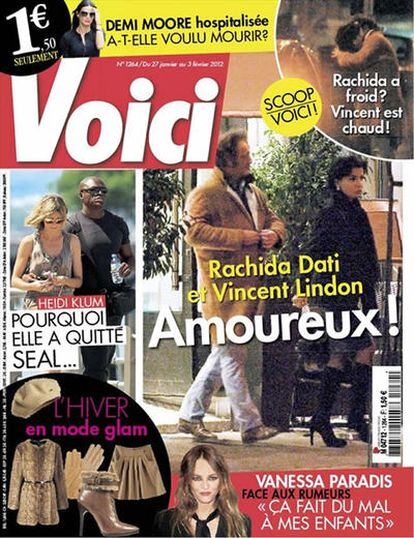 Portada de la revista <i>Voici</i> en la que aparece la exministra de Justicia francesa, Rachida Dati, a la salida de un lujoso restaurante junto al actor francés Vincent Lindon.