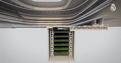 Recreación virtual del invernadero que el Real Madrid construye bajo el Santiago Bernabéu para almacenar el césped y conservarlo para la celebración de eventos